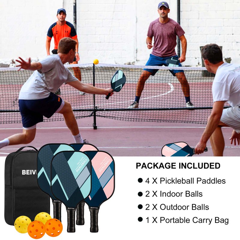 Pickleball Paddles 4-Pack with 4 Balls & Carry Bag - Lightweight 7.9 oz Fiberglass Racket, Non-Slip Grip (Green) - For Men & Women