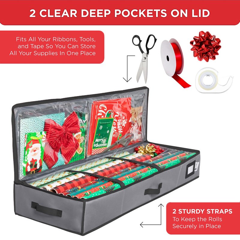 Gift Wrap Storage Container Holds 27 Rolls Underbed Organizer with Ribbons and Bows