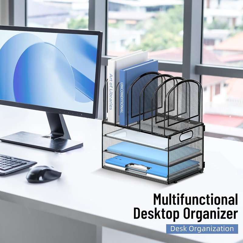 3-Tier Desk Organizer with File Holders - Metal Mesh Office Storage