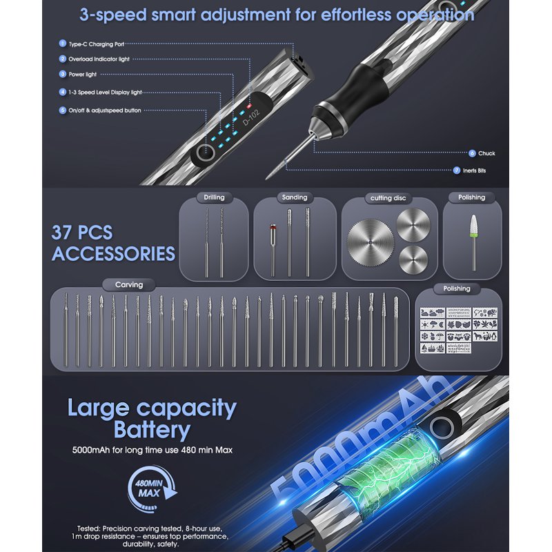 Electric Engraving Pen Kit with 37 Bits, 3-Speed USB Rechargeable Rotary Tool for DIY Personalization