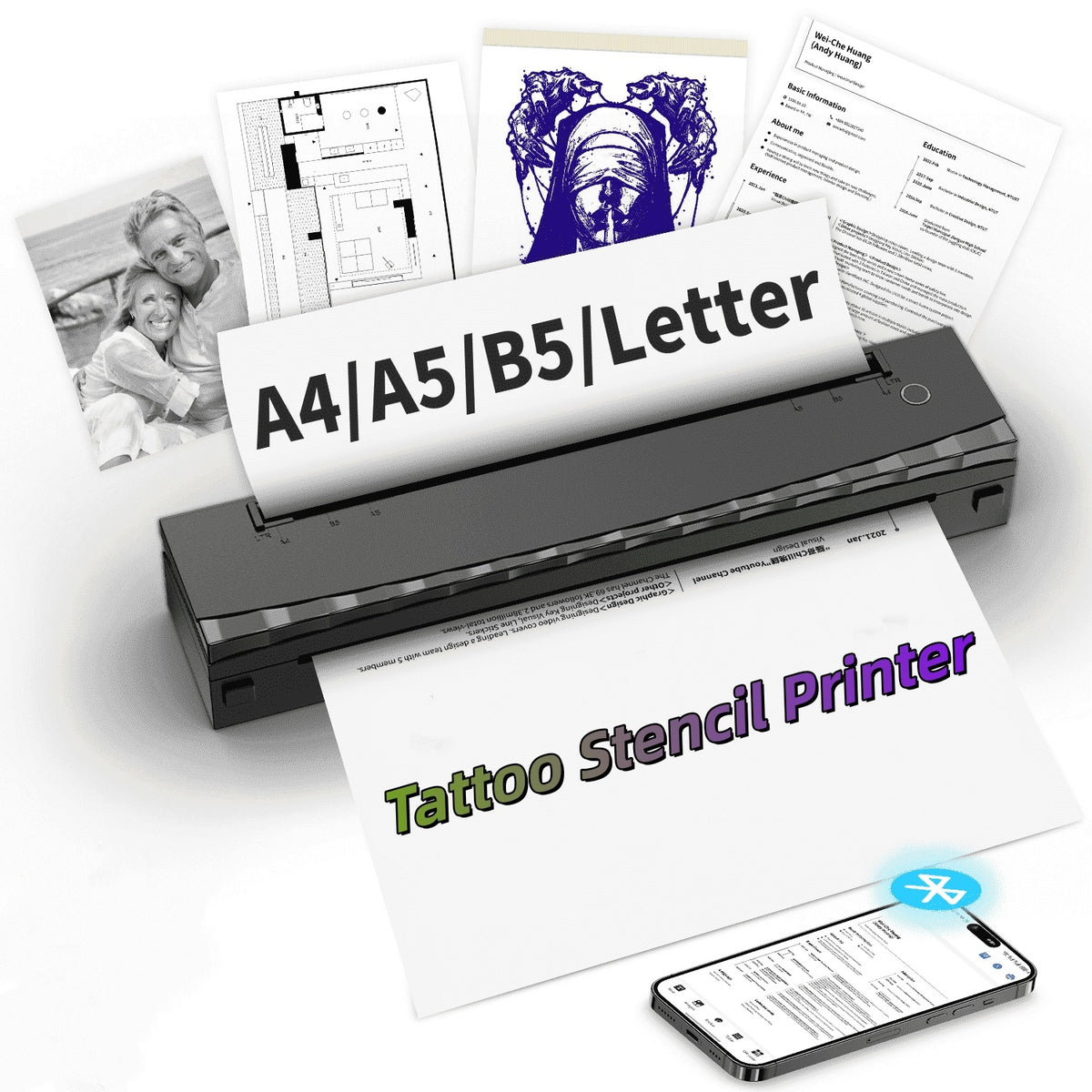 Portable Thermal Printer for Tattoo & Document Printing Wireless Inkless A4 B5