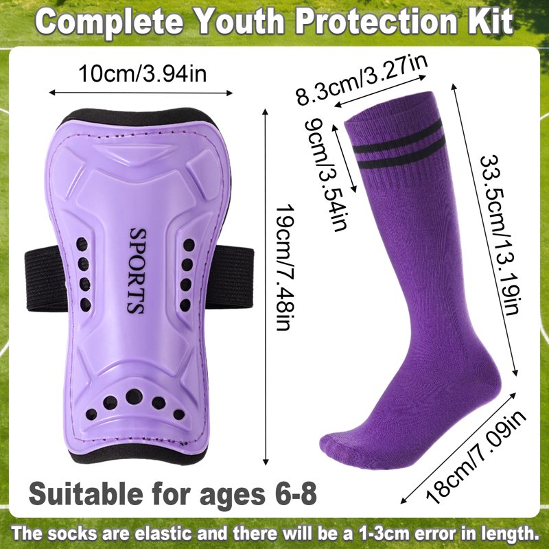 Kids Shin Guards with Socks - 2 Pairs Protective Soccer Gear for 6-10 Years (Rose & Purple)
