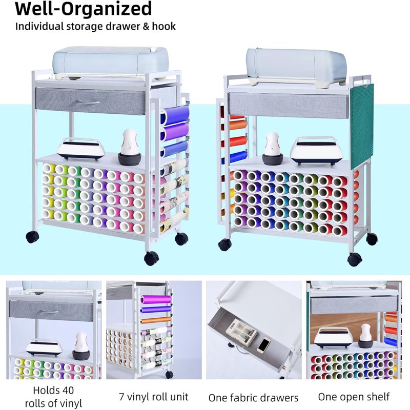 Rolling Craft Storage Cart with Vinyl Roll Holders for Cricut Machines - Black or White