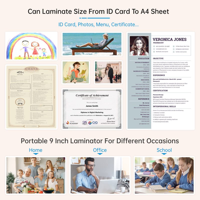 A4 Laminator Machine with 20 Pouches Hot Cold 9-Inch Personal Laminator for Home Office School
