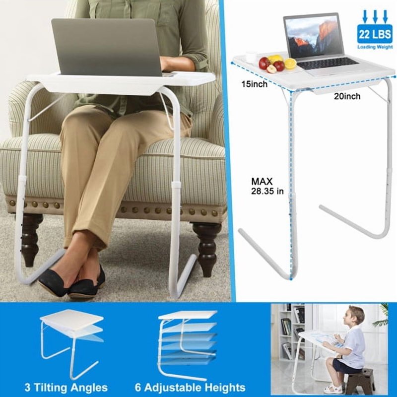 Adjustable Foldable TV Tray Table with Cup Holder & Book Stand, White