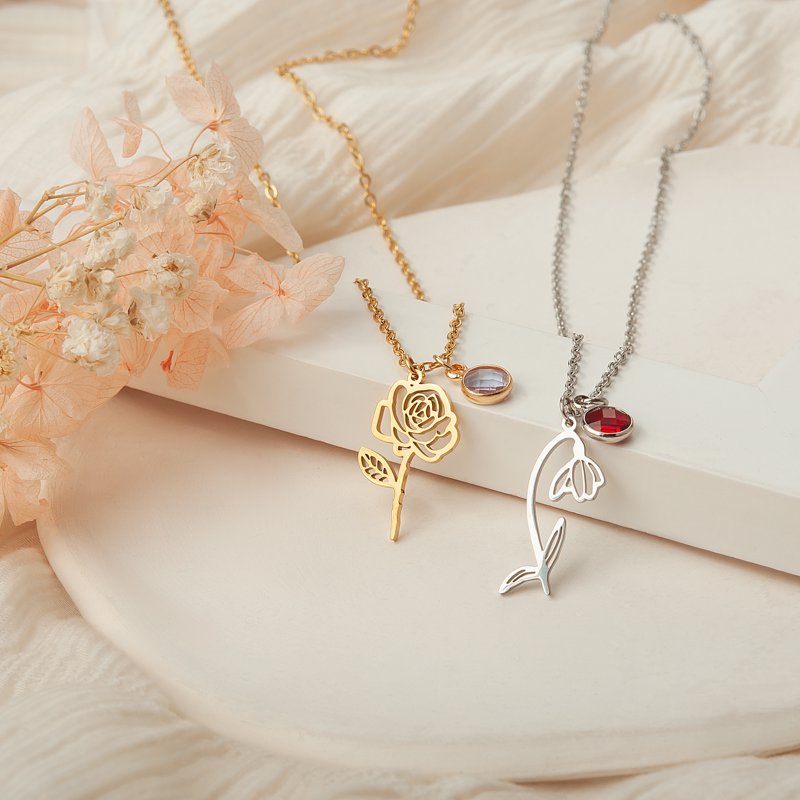 Personalized Birth Flower Necklace for Women - Stainless Steel Charm, Birthstone, Gift Box Included