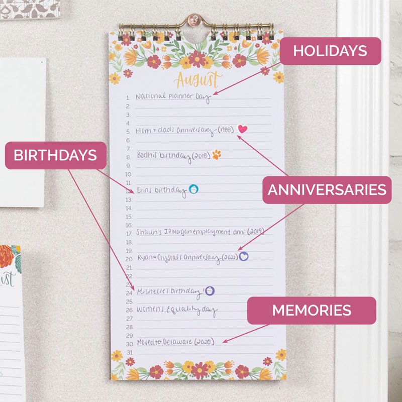 Perpetual Wall Calendar with Seasonal Florals - Reusable 12-Month Planner