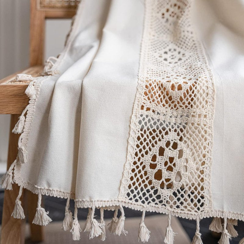 Boho Bedroom Curtains Cream & Beige Cotton Linen Patchwork with Tassels - Semi-Blackout Window Panel