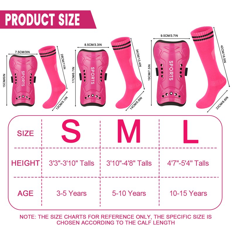 2 Pairs Kids Soccer Shin Guards & Socks Set - Lightweight Protective Shin Pads, 3-15 Years, Black & Rose Red