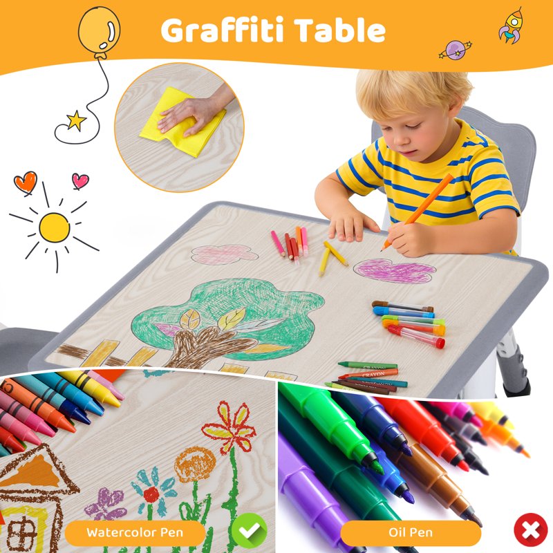 Kids Adjustable Activity Table and Chair Set with Graffiti Desktop - Safe Toddler Furniture for Daycare & Home