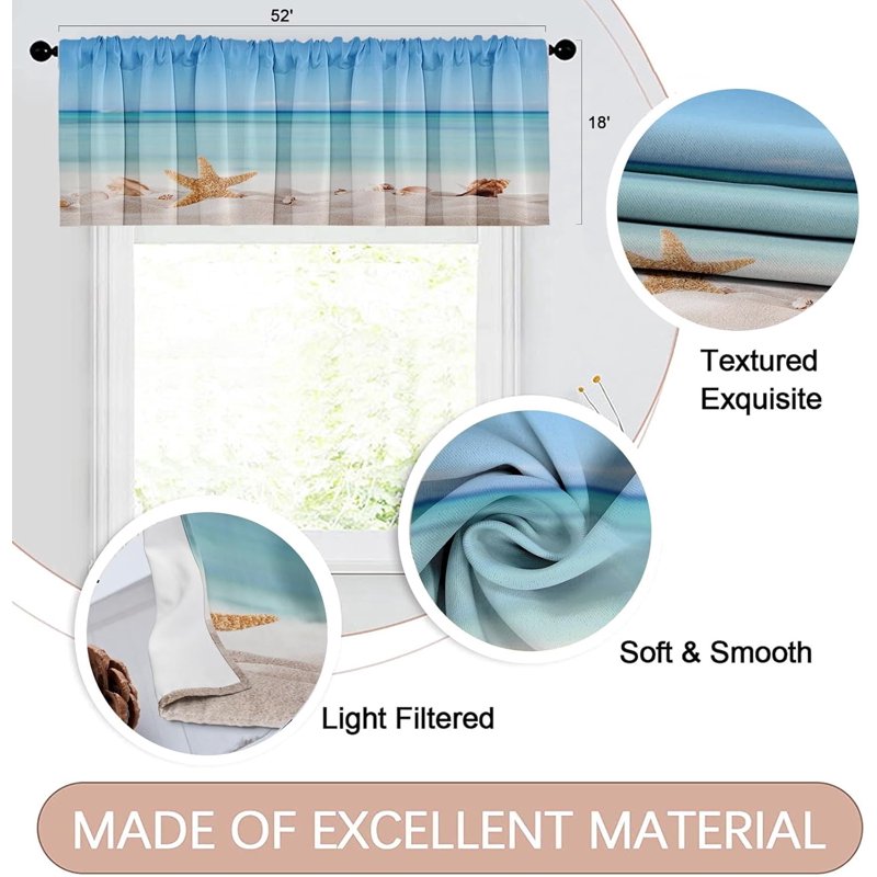 2 Pack Window Valances for Living Room & Kitchen - Beach, Blue, Grey & More