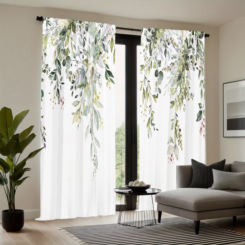 Green Flowers and Leaves Print Light-Filtering Curtain Set for Bedroom and Living Room