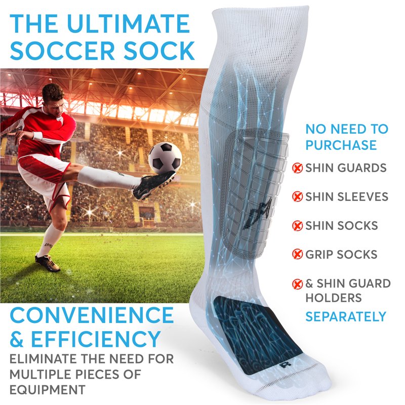 MediCaptain Ultimate Soccer Sock with Built-In Shin Guard, Metatarsal Pad, Anti-Slip Grip (L) - White