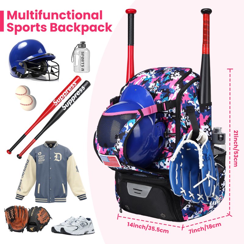 Softball Bag with Fence Hook, Shoe Compartment & Water Bottle Pockets - Youth & Adult Baseball Backpack