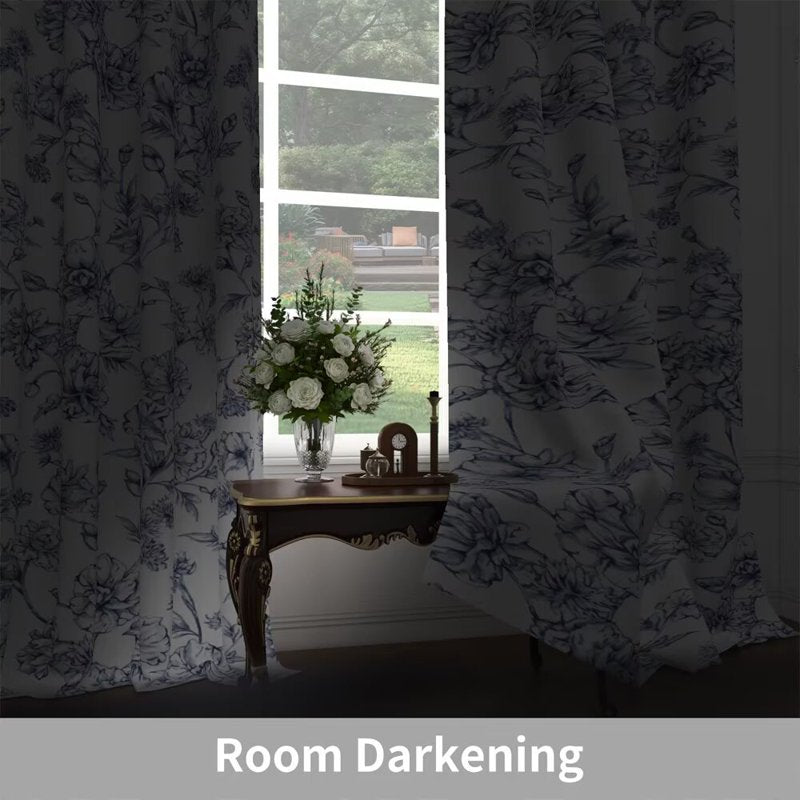 Blue Floral Pattern Blackout Curtains Set of 2 - Room Darkening Grommet Drapes 42x63 Inches