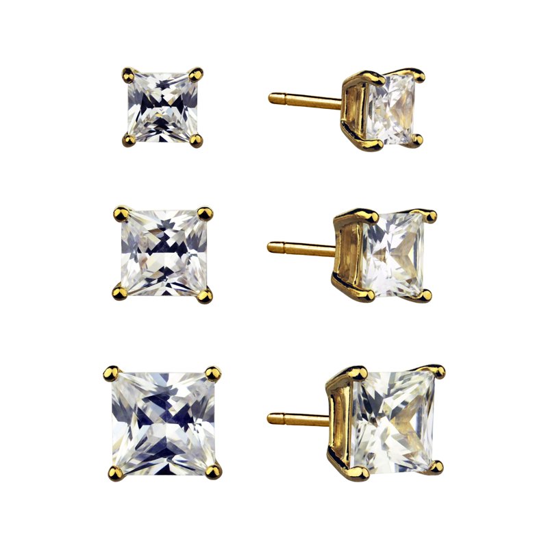 Simulated Diamond Earring Set - 14K Gold Plated Sterling Silver, Multiple Sizes