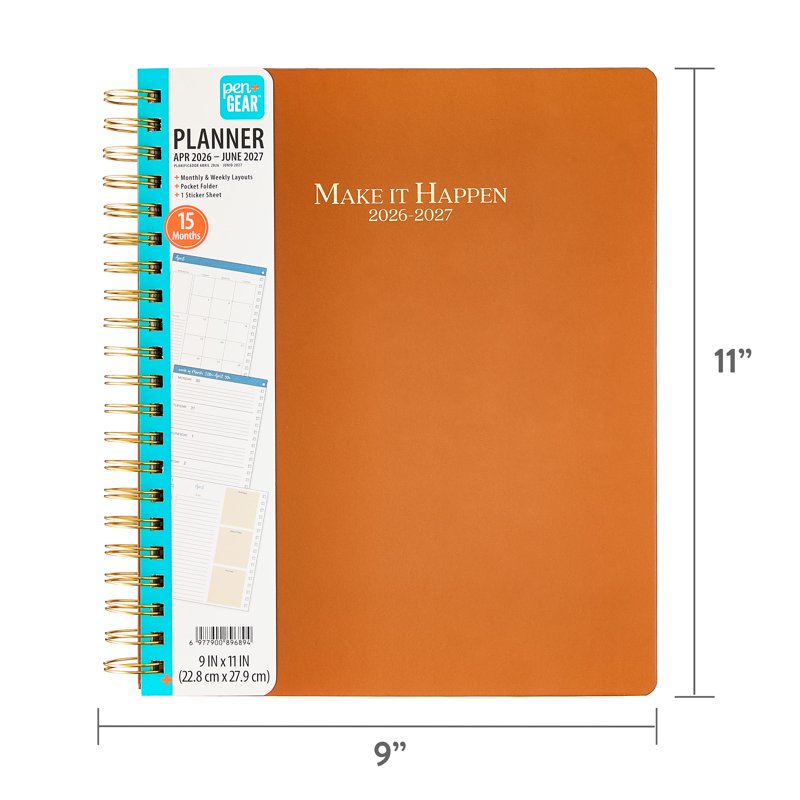 15-Month Spiral-Bound Weekly Monthly Planner 9x11 Hardcover Brown