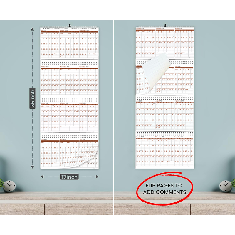 Large 3-Year Wall Calendar with Move-a-Page System, 38x17 Inches