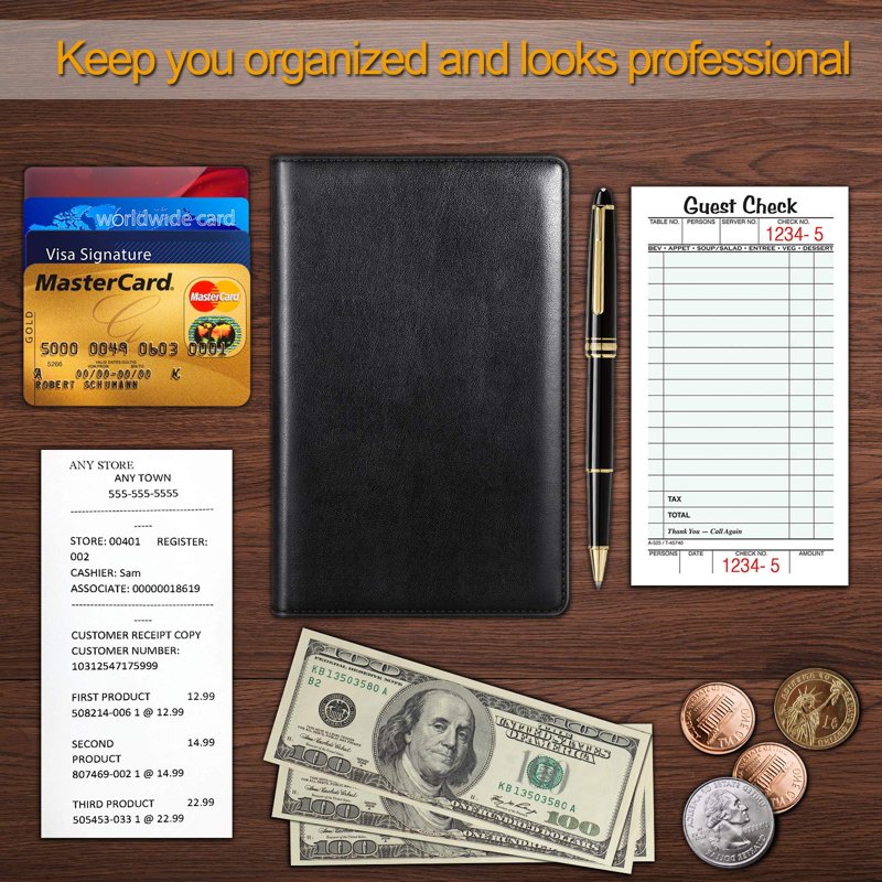 Server Book Organizer with Zipper Pocket and Pen Holder - Restaurant Guest Check Presenter, Leather Look