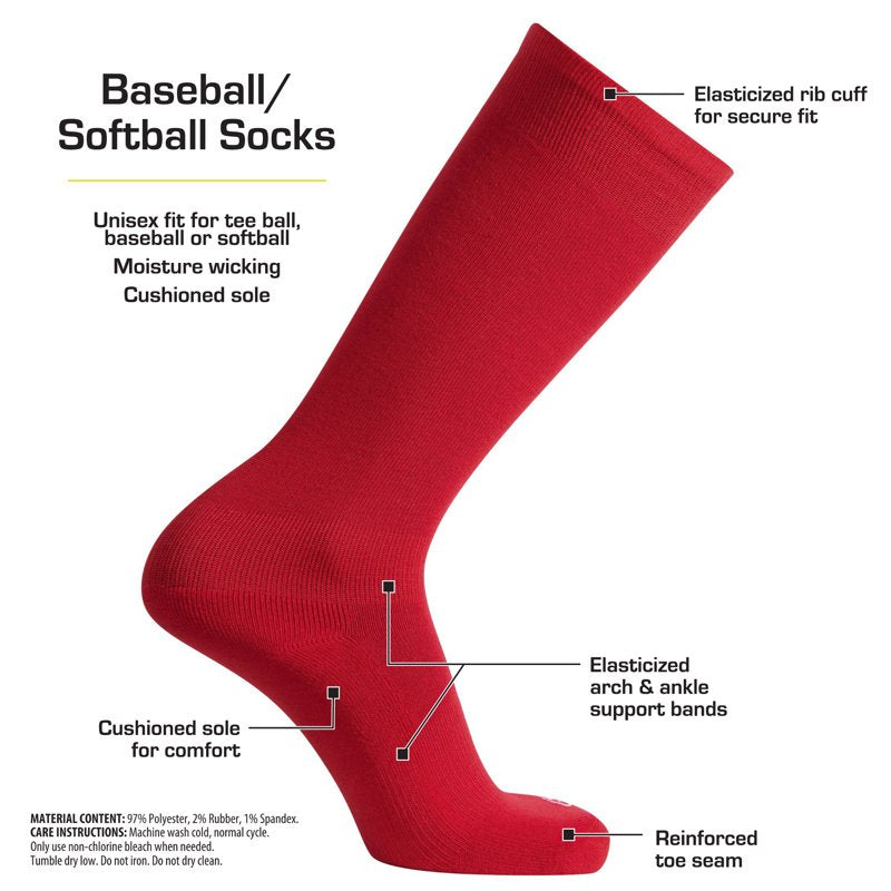 Unisex Baseball Softball Socks 2-Pack Moisture-Wicking Cushioned Fit