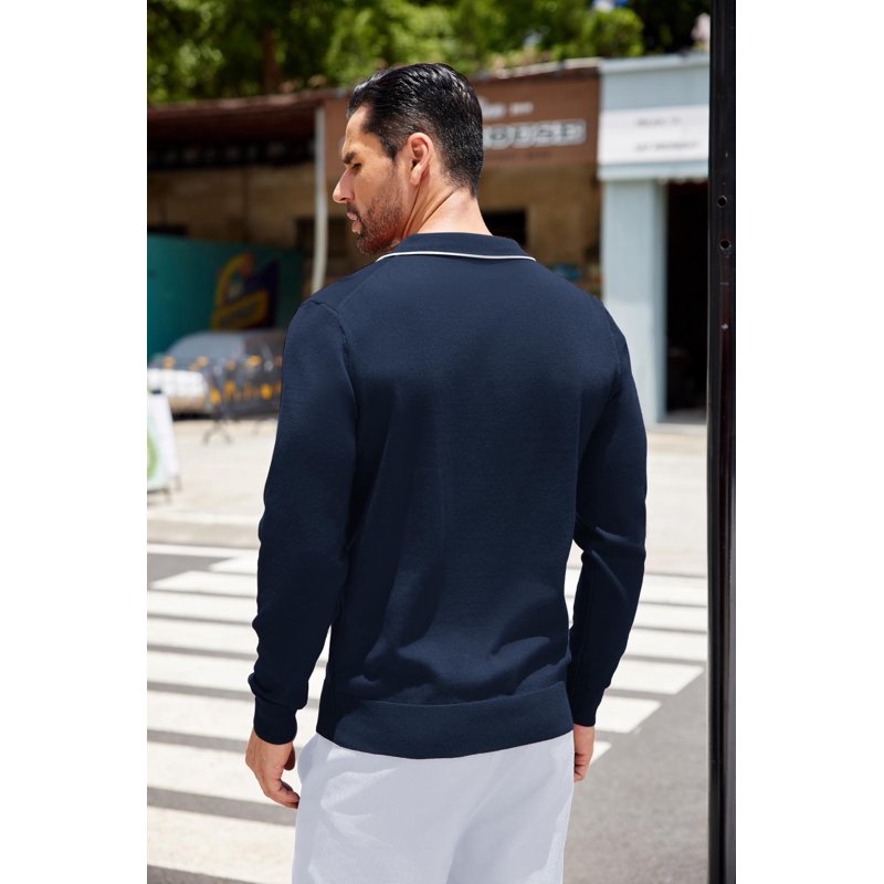 Men's Knit Polo Shirt Long Sleeve Casual Business Sweater with Pocket