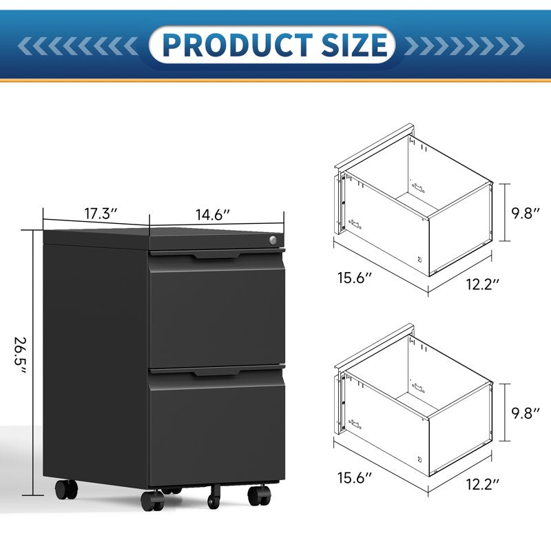 2-Drawer Metal File Cabinet with Lock for Office & Home, Black, Fits A4/Letter/Legal