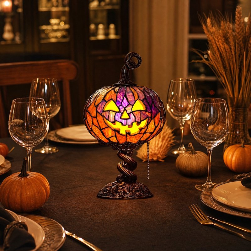Halloween Pumpkin Lamp - Tiffany-Style Night Light for Home & Party Decor
