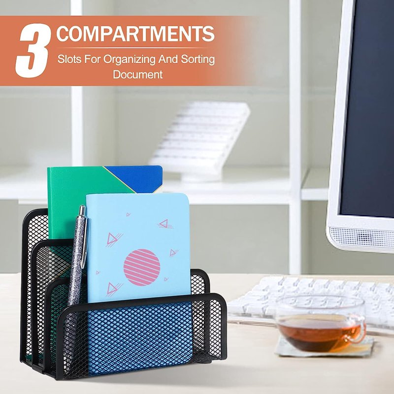 Vertical Metal Mesh Desk Mail Organizer with 3 Compartments - Small Letter Sorter for Home Office