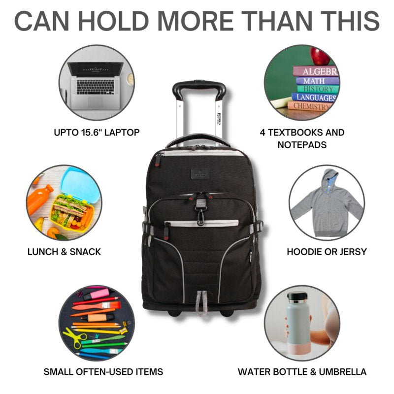 Multi-Purpose Rolling Backpack for School and Travel - Black, 19.5 Inch
