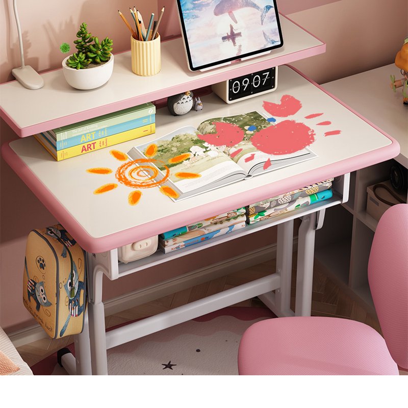 Kids Study Desk and Chair Set with LED Lamp, Book Stand & Storage Drawer