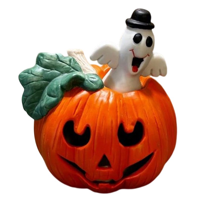 Vintage Hand Painted Lighted Pumpkin with Ghost – Cute Top Hat Lantern Night Light