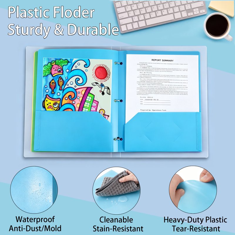 Plastic Pocket Folders 14-Pack Assorted Colors with 2 Pockets & 3-Hole Punch