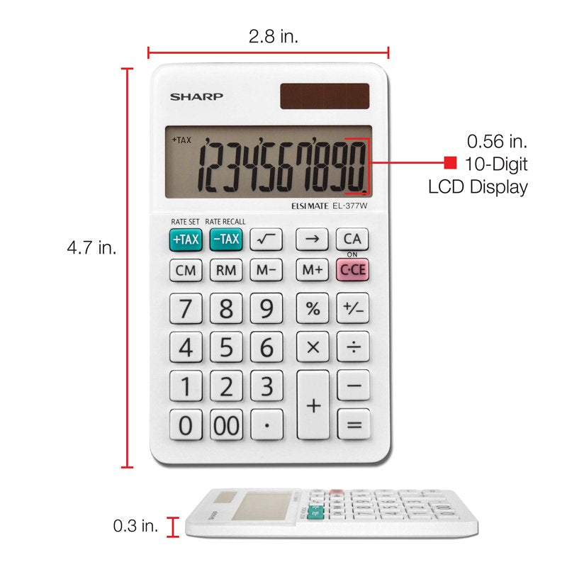 10-Digit Handheld Calculator with Solar Power & Large LCD, White