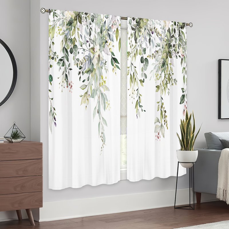 Green Flower & Leaf Print Light-Filtering Curtain Set for Bedroom & Living Room