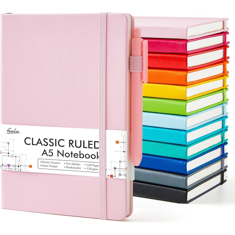 Bulk Hardcover Ruled Notebooks Set with Pen Holders - A5, 128 Pages, 12 Pack