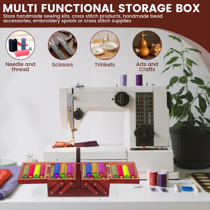 Expandable Wooden Sewing Basket with Handle - Craft Organizer for Travel & Home