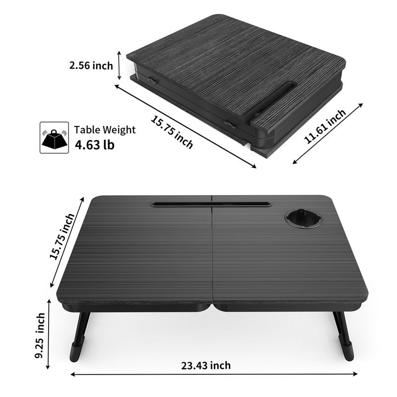 Portable Foldable Lap Desk for Bed and Couch with Cup & Phone Holder - Black (Variation: Black)
