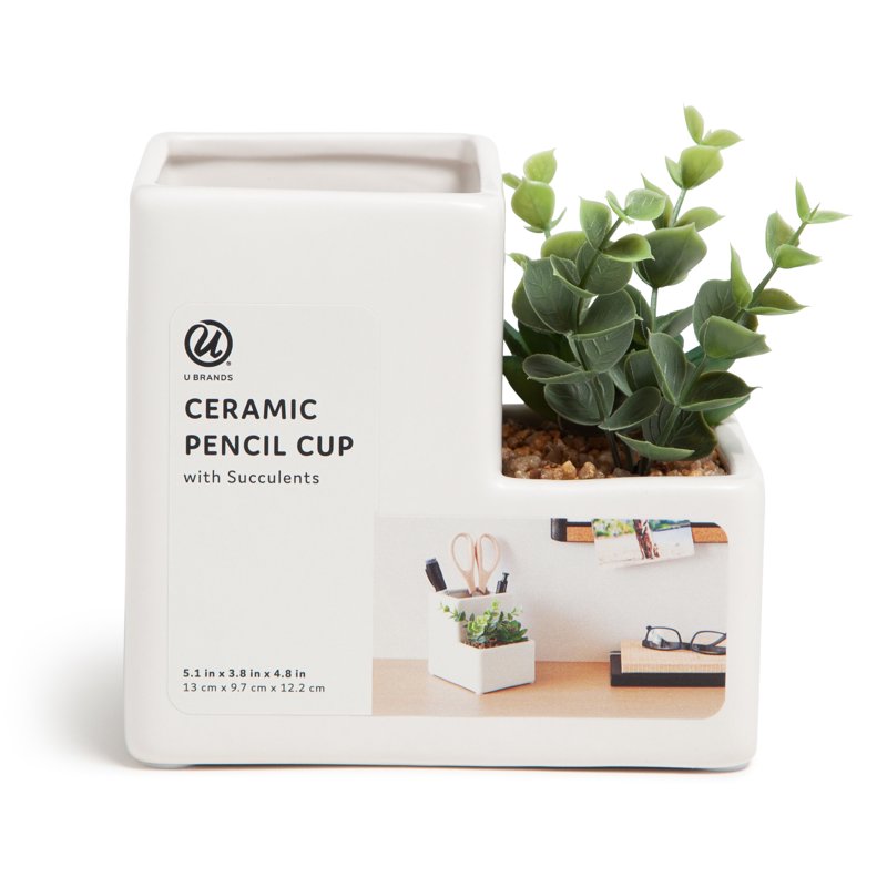 Ceramic Desktop Plant and Pencil Holder - White, 5.1 x 3.8 x 4.8 in.