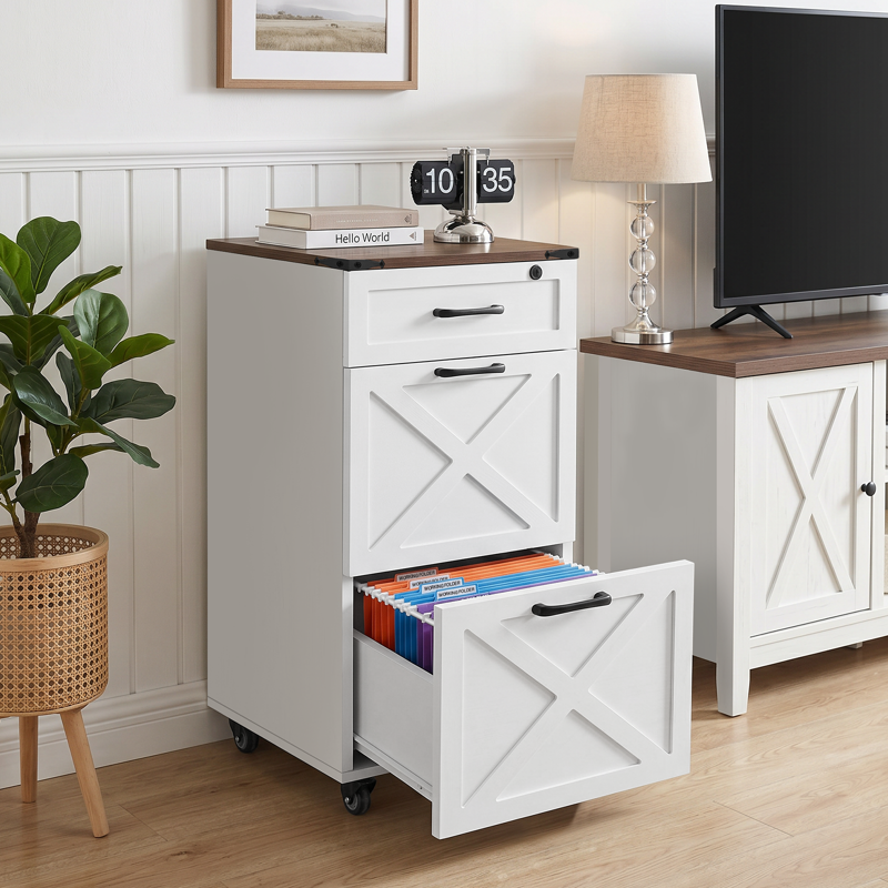 3-Drawer Lockable File Cabinet for Under-Desk Office Storage - Rustic Farmhouse Design