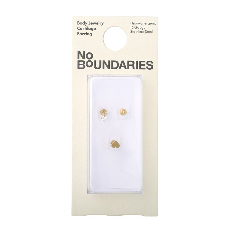 Gold-Tone Heart Cartilage & Earring Stud Set - Hypoallergenic 3-Piece