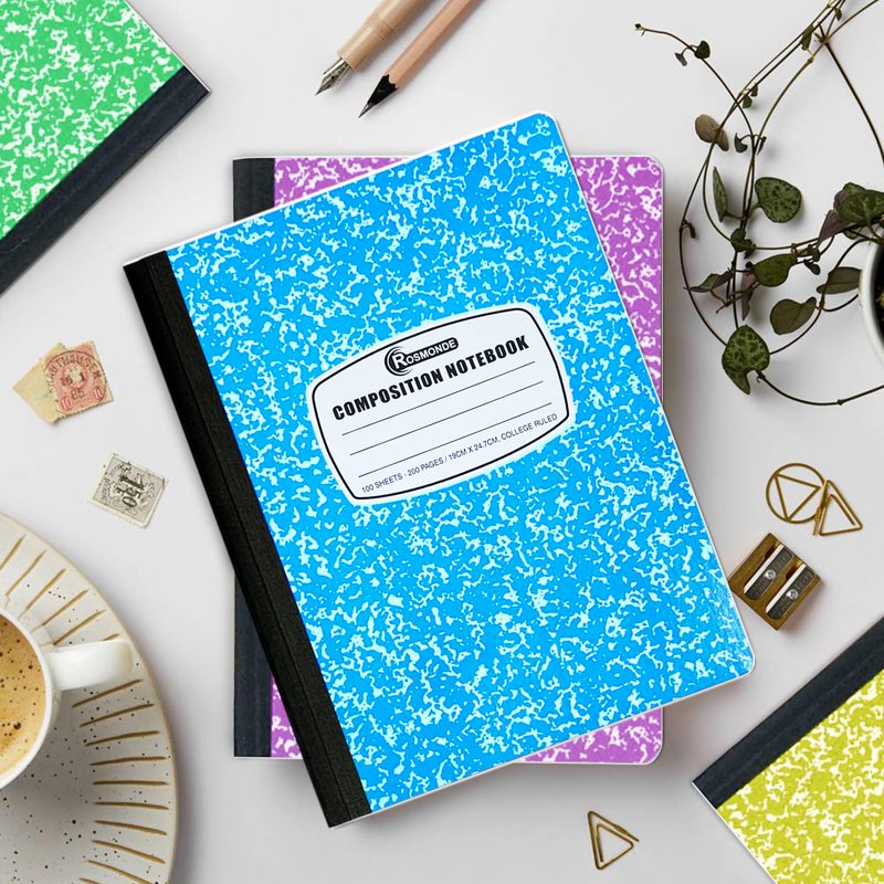 50 Pack College Ruled Composition Notebooks - Assorted Marble Colors, Durable Sewn Binding
