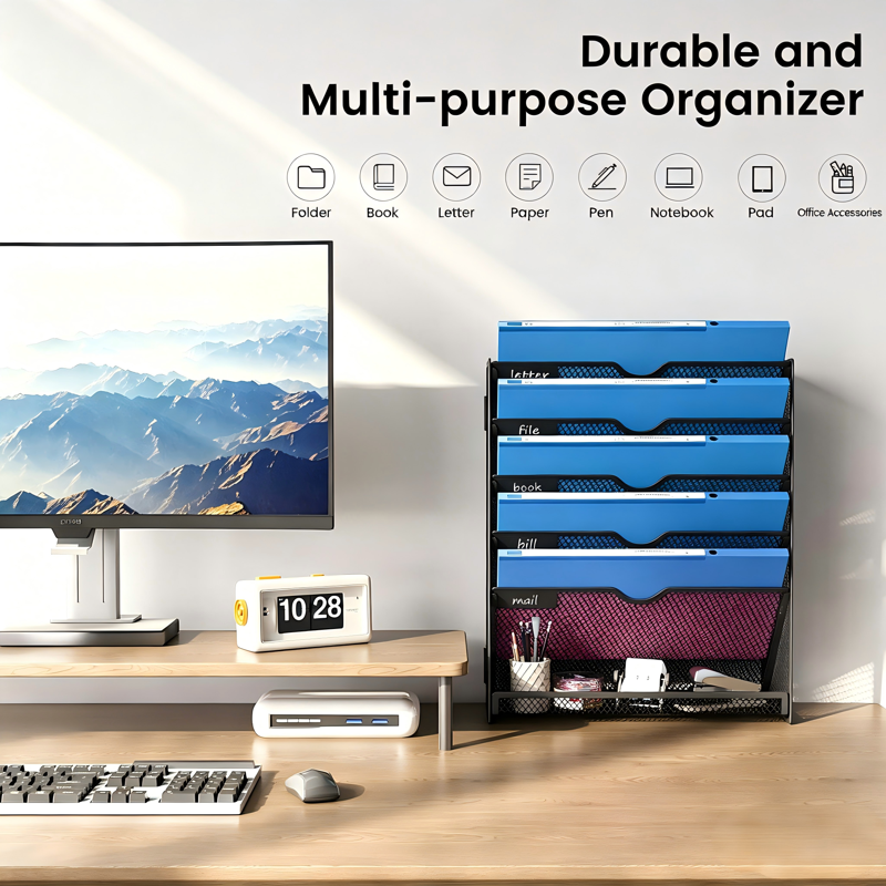 6-Tier Wall File Organizer with Hooks - Metal Hanging Magazine Holder for Office & Home