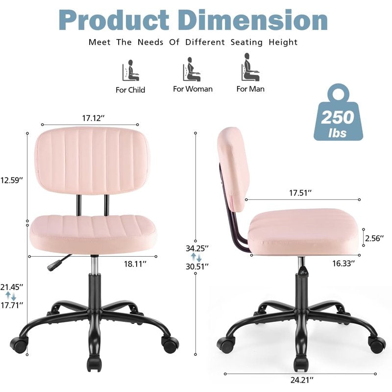 Armless Vanity Chair for Makeup & Home Office - Pink, Adjustable, Swivel
