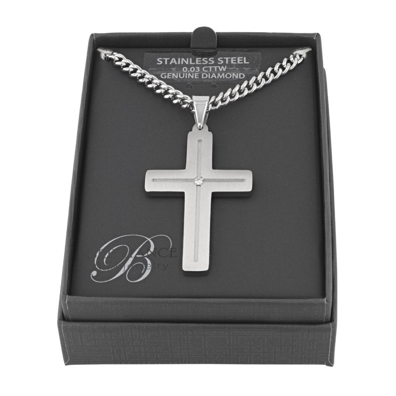 Men's Stainless Steel Cross Pendant Necklace with Diamond Accent - 24 Inch Chain