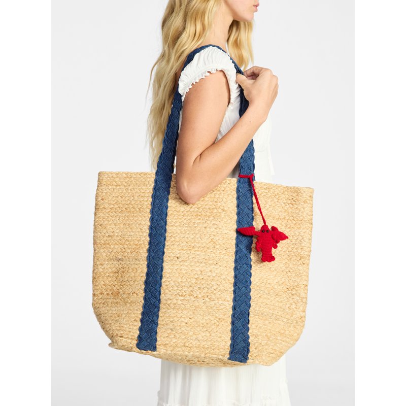 Women's Beach Tote Bag with Jute Material and Tassel - Natural Blue Denim