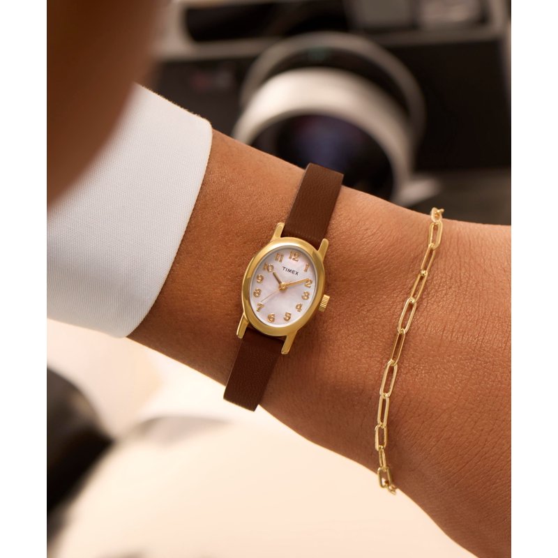 Women's Mother of Pearl Dial Watch with Brown Leather Strap - Gold Tone Case