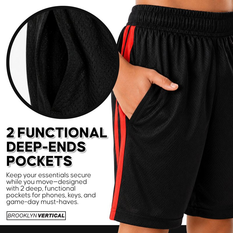 Kids Basketball Shorts 5-Pack Athletic Performance Mesh Shorts with Pockets