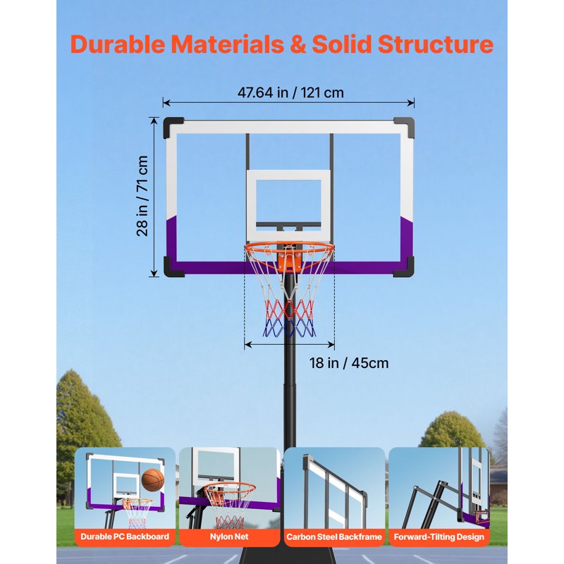 Portable Basketball Hoop System with Adjustable Height and Shatterproof Backboard for Indoor & Outdoor Play