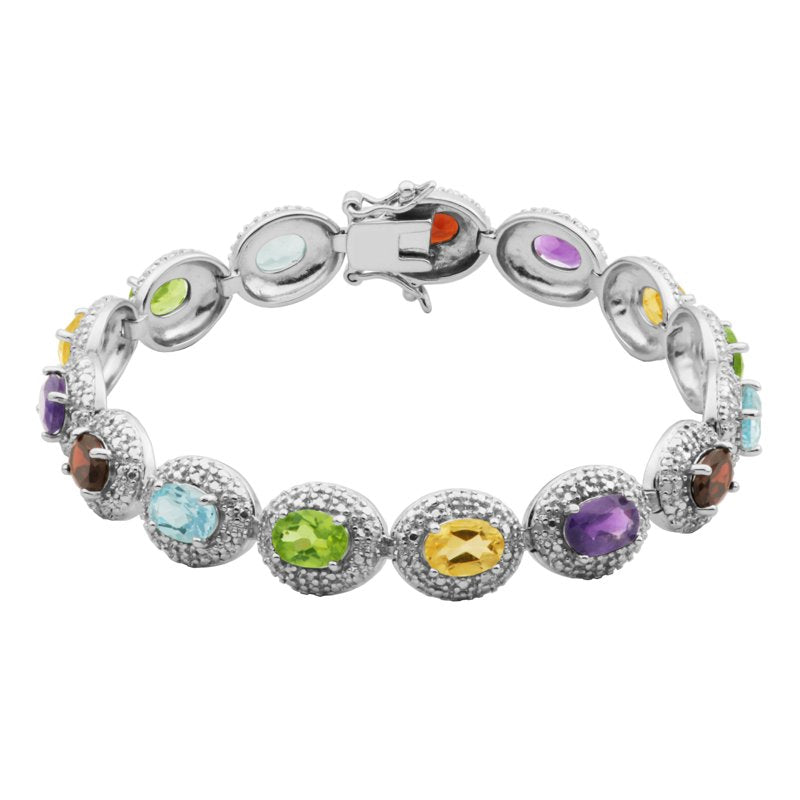 Sterling Silver Multi-Gemstone Tennis Bracelet with Diamond Accents 7.25"