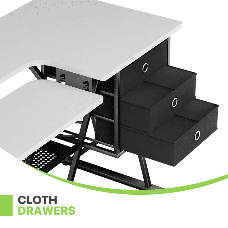 Sewing Machine Table with Storage Shelves & Adjustable Platform - White